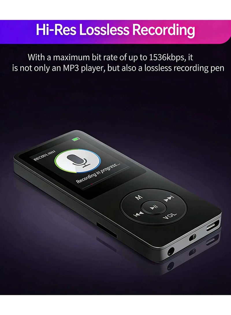 مشغل MP3 بلوتوث، سعة تخزين 128 جيجابايت، شاشة 1.8 بوصة، مكبر صوت مدمج، دعم راديو FM، تسجيل صوتي، متوافق مع الكتب الإلكترونية. مصمم للرياضة والجري، مشغل وسائط محمول (أسود) - Image 3